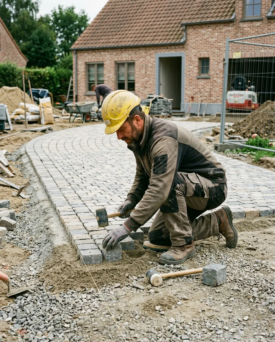 Team van PMC Wegenwerken tijdens bestratingswerken op locatie