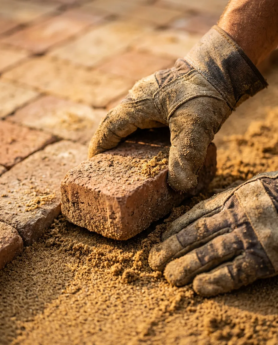 Vakmanshanden bij klinkerwerk door PMC Wegenwerken in regio Turnhout