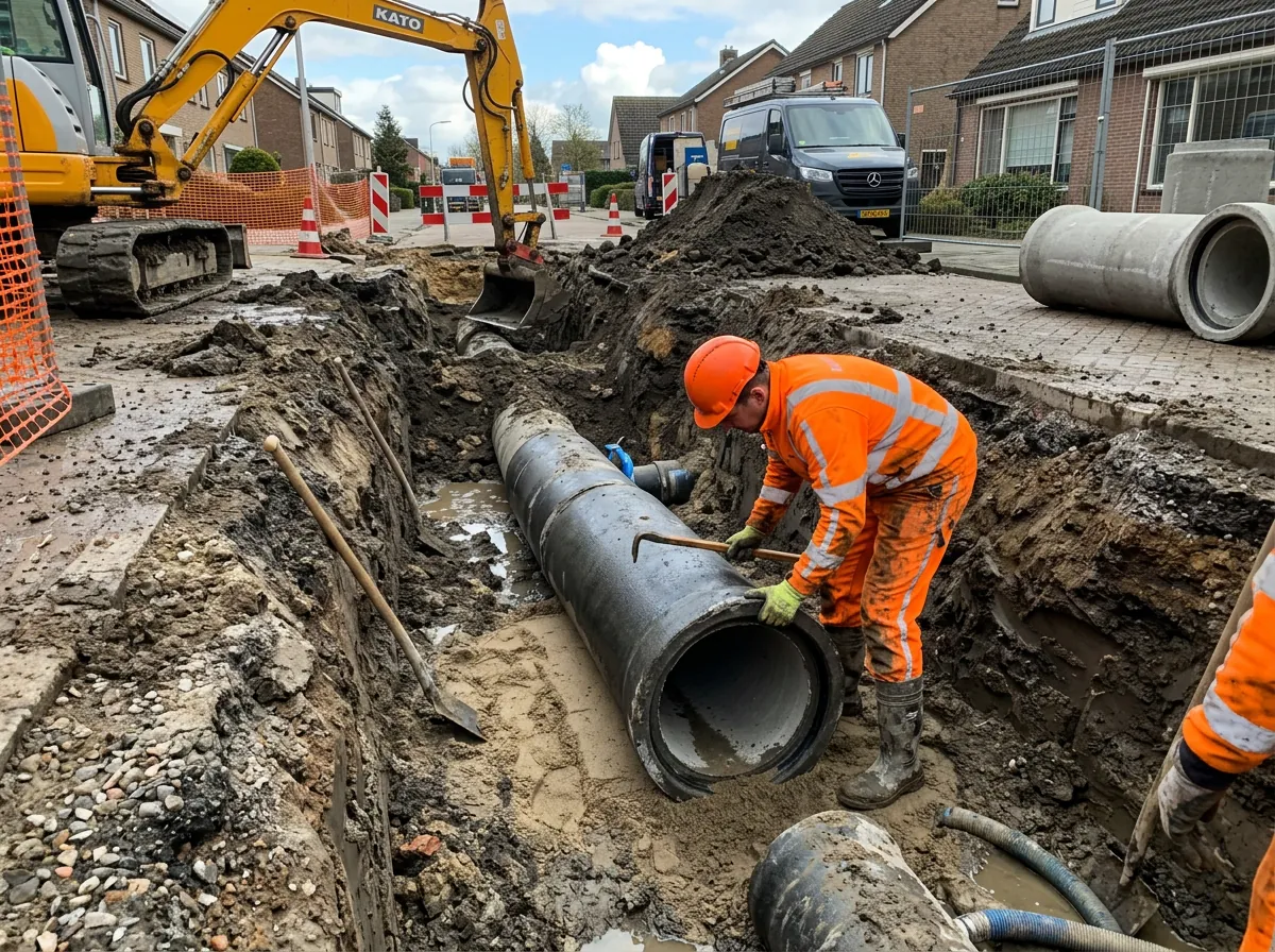 Rioleringswerken met buizen in sleuf tijdens uitvoering